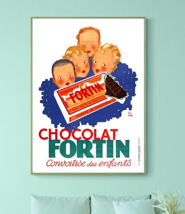 Affiche vintage de chocolat Fortin avec enfants, style rétro, décoration murale.