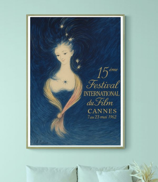 Affiche vintage du Festival de Cannes 1965 avec une illustration artistique d'une femme étoilée.