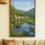 Affiche vintage de la vallée du Douro, Portugal, avec paysage de vignobles et rivière.