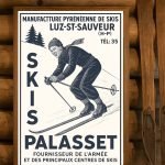 Affiche vintage de ski avec skieur en action dans les Pyrénées, promotion de la station Luz-Saint-Sa.