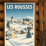 Affiche vintage de Rousses en hiver avec paysage enneigé et village.