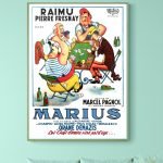 Affiche vintage du film Le Schpountz de Marcel Pagnol, illustrant une scène humoristique avec des pe.