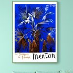 Affiche vintage Menton avec palmiers tropicaux et couleurs vives, évoquant la Côte d'Azur et le char.