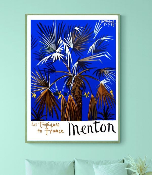 Affiche vintage Menton avec palmiers tropicaux et couleurs vives, évoquant la Côte d'Azur et le char.