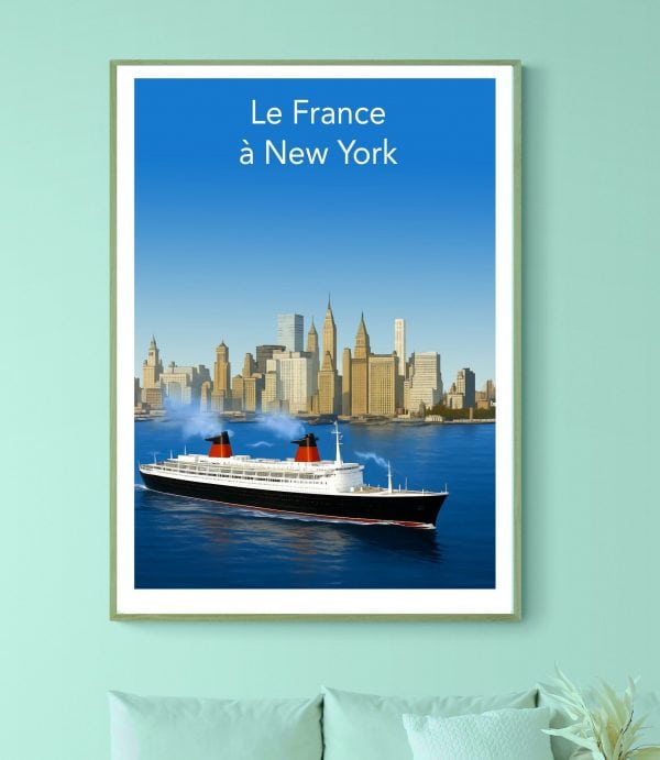 Affiche vintage France à New York avec ferry et skyline.