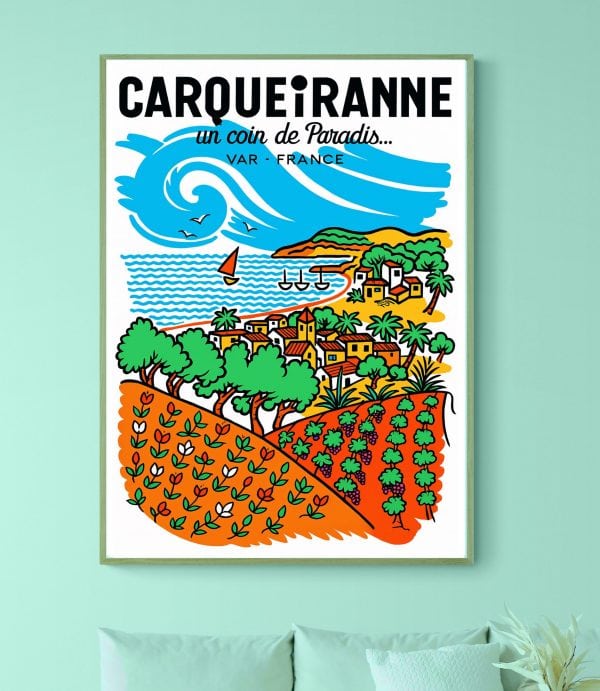 Affiche vintage représentant Carqueiranne, un coin de paradis en Provence, avec mer, nature et villa.
