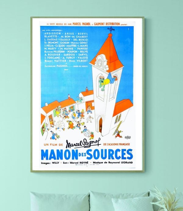 Affiche vintage du film Manon des Sources avec une illustration colorée de la tour d'une église.