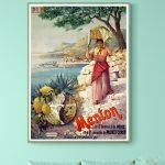 Affiche vintage Ricqles, véritable alcool de menthe, avec une femme portant un panier près de la mer.
