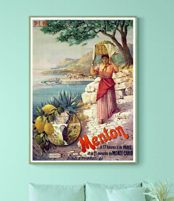 Affiche vintage Ricqles, véritable alcool de menthe, avec une femme portant un panier près de la mer.