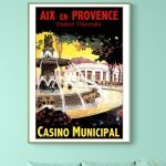 Affiche vintage Aix-en-Provence avec fontaine et casino municipal.
