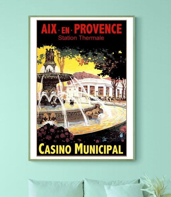 Affiche vintage Aix-en-Provence avec fontaine et casino municipal.