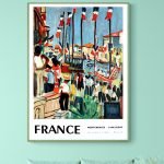 Affiche vintage de Mazamet, France, avec drapeaux et scène urbaine colorée.