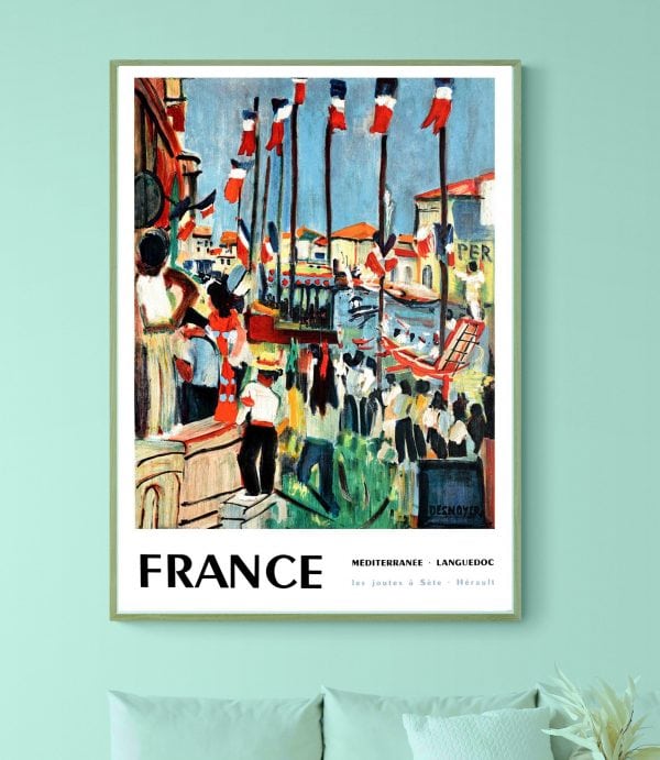 Affiche vintage de Mazamet, France, avec drapeaux et scène urbaine colorée.