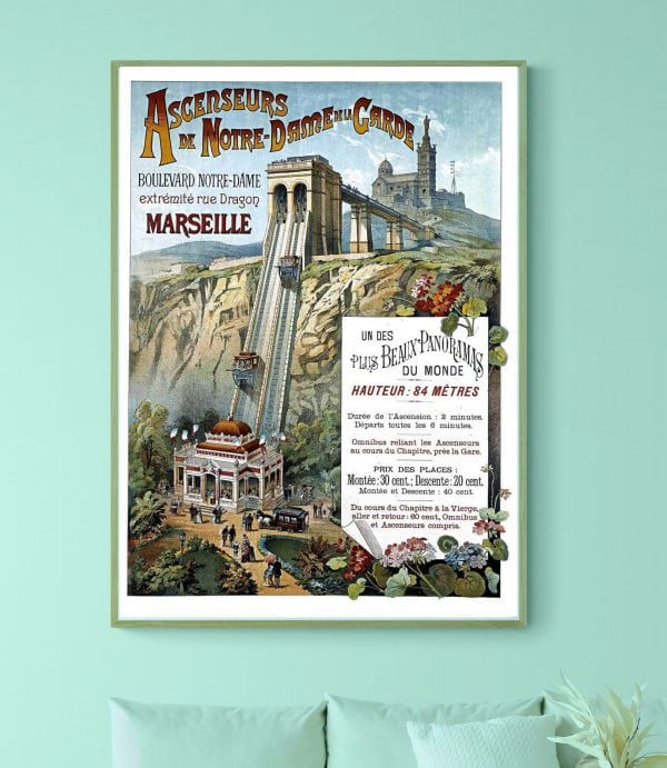 Affiche vintage d'ascenseurs historiques de Notre-Dame à Marseille, hauteur 84 mètres, illustrant le.