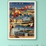 Affiche vintage Antibes, illustrant le chemin de fer entre Paris et Antibes, avec vue panoramique et.