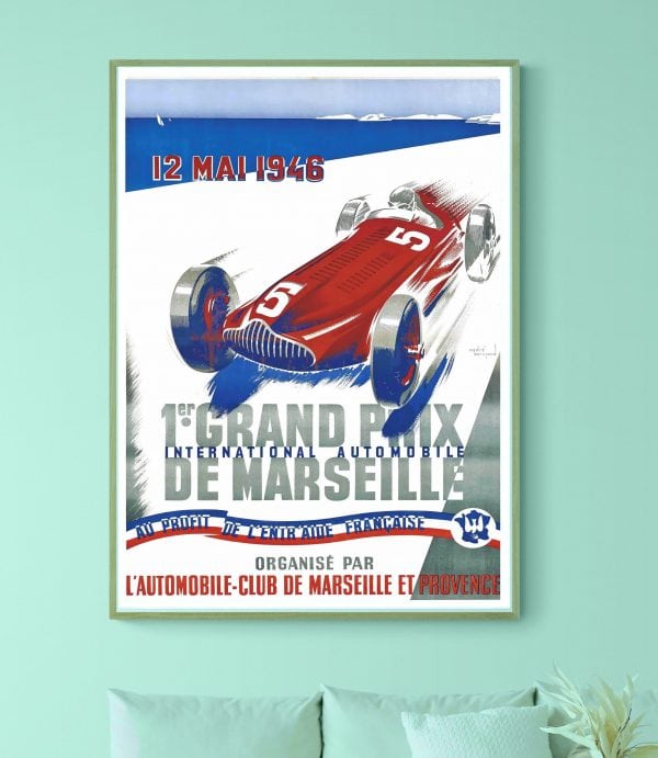 Affiche vintage de course automobile de 1946, promotion du Grand Prix de Marseille.