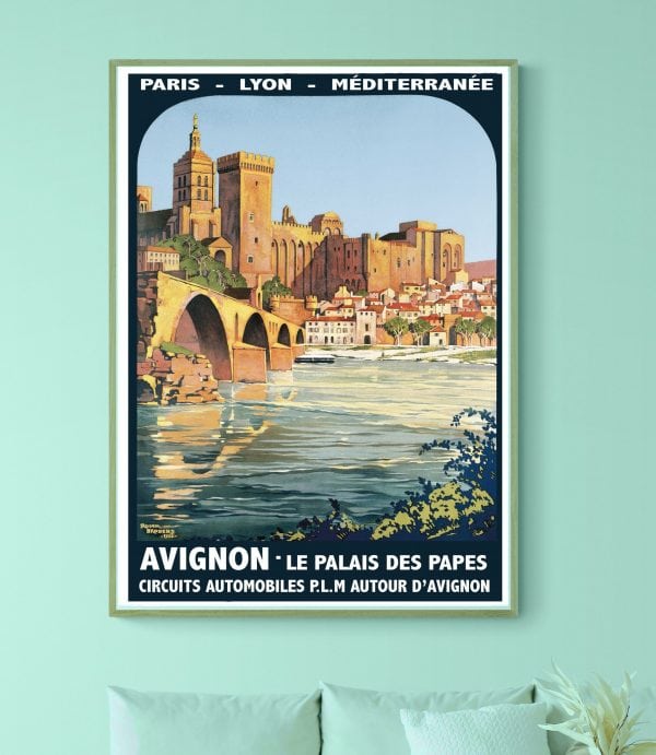 Affiche vintage représentant le Palais des Papes à Avignon, avec vue sur le Rhône et le pont Saint-B.