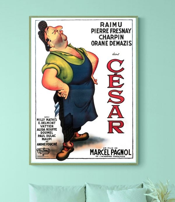 Affiche vintage du film "César" avec personnage caricatural, couleurs vives, style rétro.