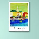 Affiche vintage de Mazamet, scène colorée du sud de la France avec port et bâtiments.