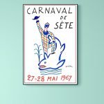Affiche vintage Carnaval de Sète 1967 avec personnage en costume et poisson.