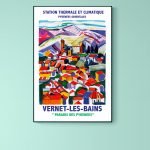 Affiche vintage de Vernet-les-Bains, station thermale dans les Pyrénées orientales, avec couleurs vi.