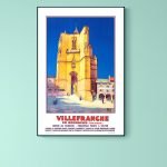 Affiche vintage de Villeranche, centre touristique en Ardèche, avec une illustration de la célèbre é.