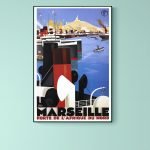Affiche vintage du port de Marseille avec bateau et vue sur la ville.