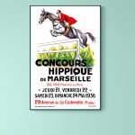 Affiche vintage pour le concours hippique de Marseille avec saut d'obstacles.