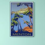 Affiche vintage Menton, ville méditerranéenne célèbre, avec vue sur la mer et la vieille ville.