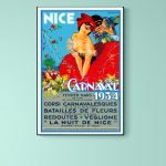 Affiche vintage Carnaval de Nice 1934, mettant en avant la fête, la musique et la parade colorée.