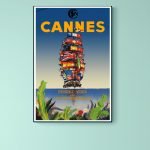 Affiche vintage de Cannes avec voilier aux drapeaux internationaux, évoquant le voyage et l'élite mo.