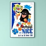 Bal Masqué de Nice, affiche vintage 1961, fête colorée et festive.