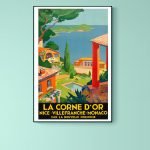 Affiche vintage de Mazamet, illustrant un paysage coloré avec vue sur la mer et maisons provençales.