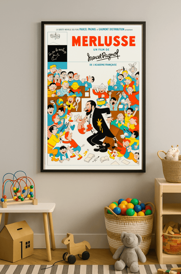 Affiche vintage du film Le Schpountz de Marcel Pagnol, illustrant une scène joyeuse et colorée.