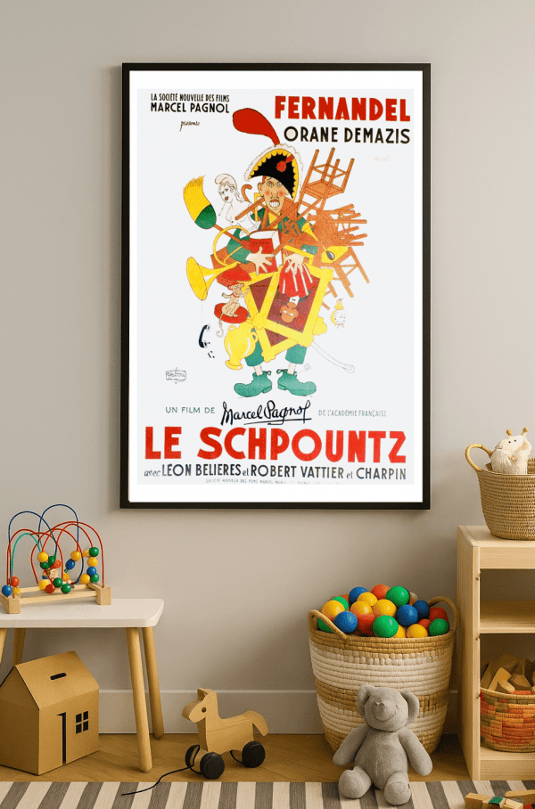 Affiche Le Schpountz vintage, film de Marcel Pagnol, décor coloré et nostalgique.