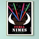 Affiche vintage Feria Nîmes Pentecôte avec feux d'artifice colorés.