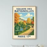 Affiche vintage du Square des Batignolles à Paris, illustrant un parc coloré en automne avec arbres.