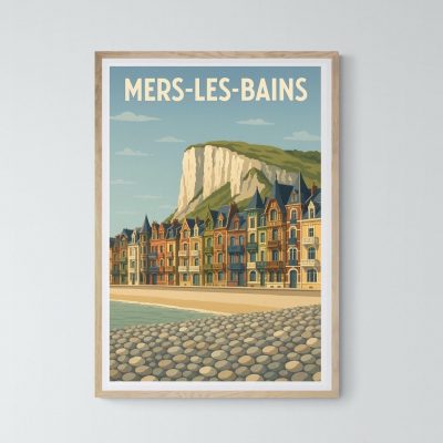 Affiche vintage de Mers-les-Bains avec maisons colorées et falaise en arrière-plan.