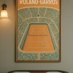 Affiche vintage de Roland-Garros avec vue du stade et terrain de tennis.