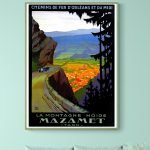 Affiche vintage Mazamet, paysage montagneux coloré et rétro.