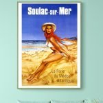 Affiche vintage Ricqlès, seul véritable alcool de menthe, avec une femme sur la plage de Soulac-sur-.