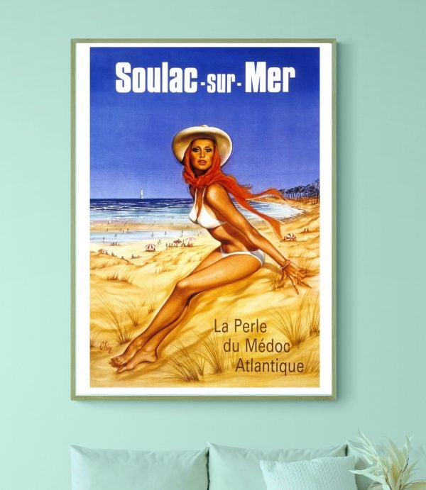 Affiche vintage Ricqlès, seul véritable alcool de menthe, avec une femme sur la plage de Soulac-sur-.