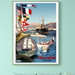 Affiche vintage Port de Guerre Toulon avec drapeaux et navires.