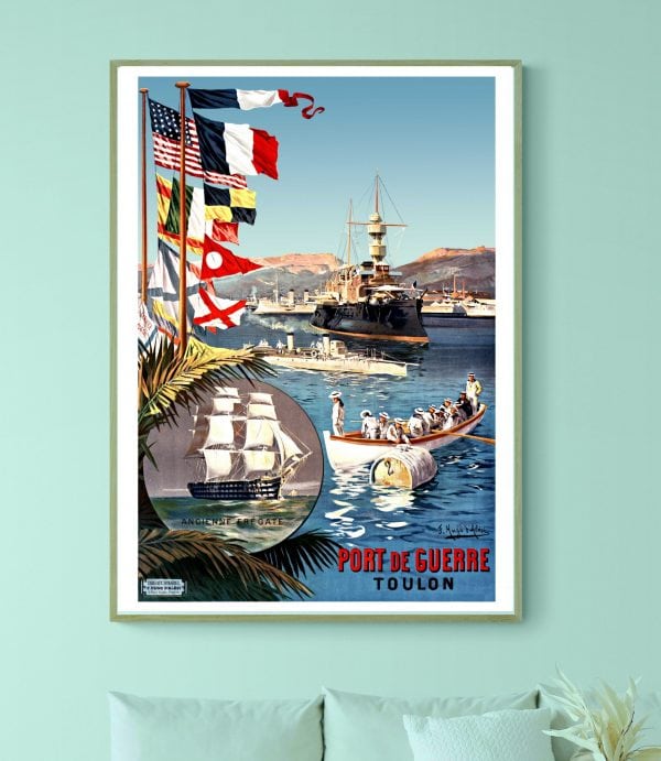 Affiche vintage Port de Guerre Toulon avec drapeaux et navires.