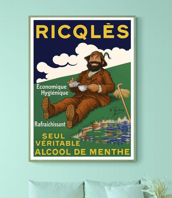 Affiche vintage Ricqlès, véritable alcool de menthe, mettant en avant ses qualités hygiéniques et ra.