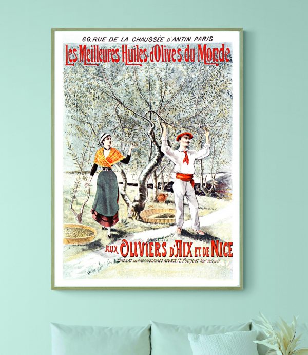 Affiche vintage promotionnelle pour huiles d'olive, illustrant Mazamet, mettant en valeur la traditi.