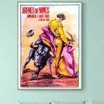 Affiche vintage de corrida à Nîmes, 1960, avec un torero en action.