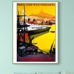 Affiche vintage de Marseille avec port, bateau et vue panoramique.