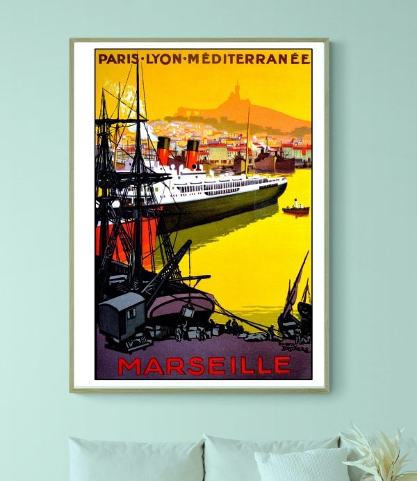 Affiche vintage de Marseille avec port, bateau et vue panoramique.