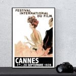 Affiche vintage du Festival du Film de Cannes 1939, illustrant une scène élégante.